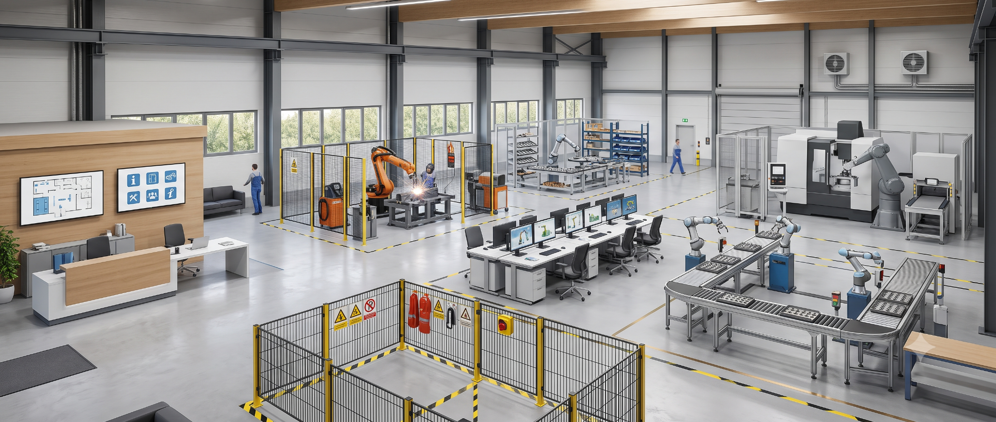 Moderne Roboterhalle der HolzBauTech GmbH mit Leitstand, Sicherheitsbereich, Programmierarbeitsplätzen, Fügestation, Montagezelle, Materialflussanlage und großer Roboterzelle
